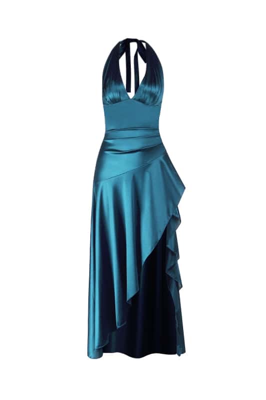 Halter Navy Blue Satin Frill Long Dress