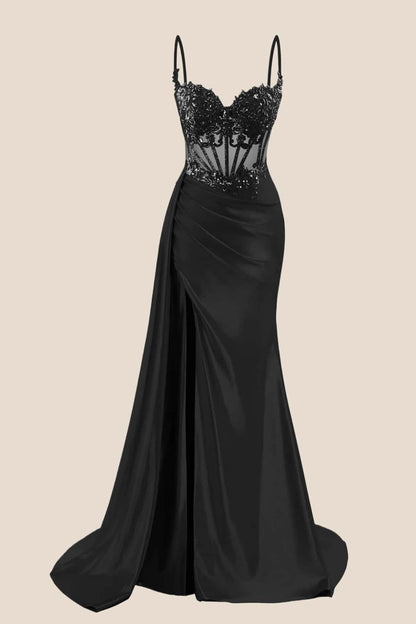 Navy Blue Corset Ruched Satin Prom Dress