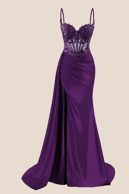 Navy Blue Corset Ruched Satin Prom Dress