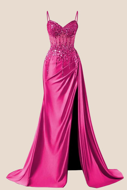 Beaded Navy Blue Satin Ruched Long Prom Dress