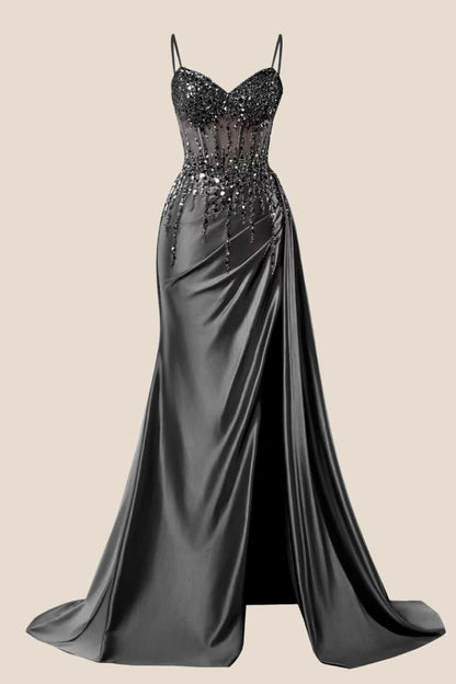 Beaded Navy Blue Satin Ruched Long Prom Dress