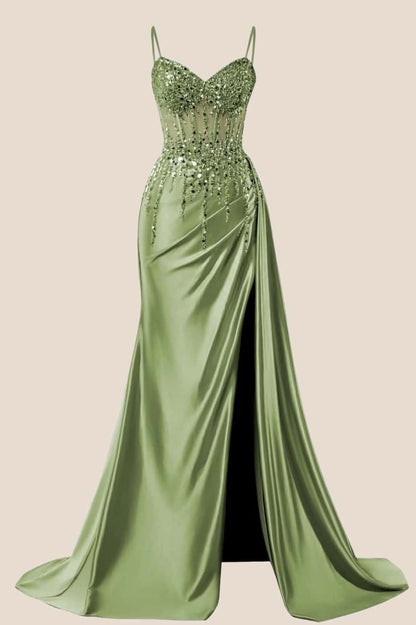 Beaded Navy Blue Satin Ruched Long Prom Dress
