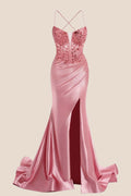 Blush Pink Beaded Ruched Satin Long Prom Dress