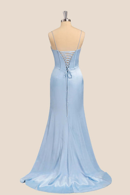 Beaded Light Blue Satin Ruched Long Prom Dress