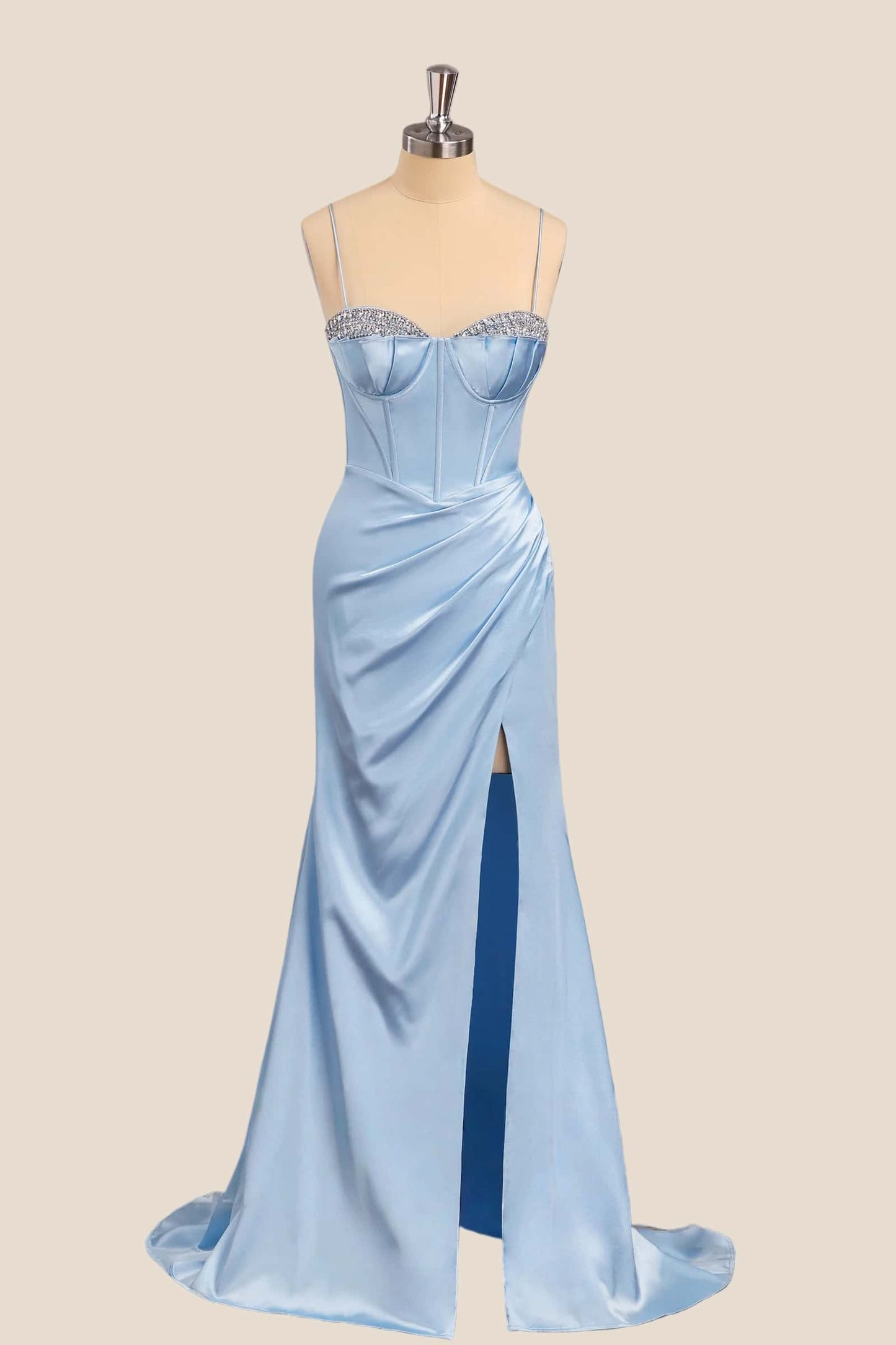 Beaded Light Blue Satin Ruched Long Prom Dress