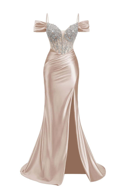 Off the Shoulder Yellow Beaded Ruched Long Dress