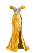 Off the Shoulder Yellow Beaded Ruched Long Dress