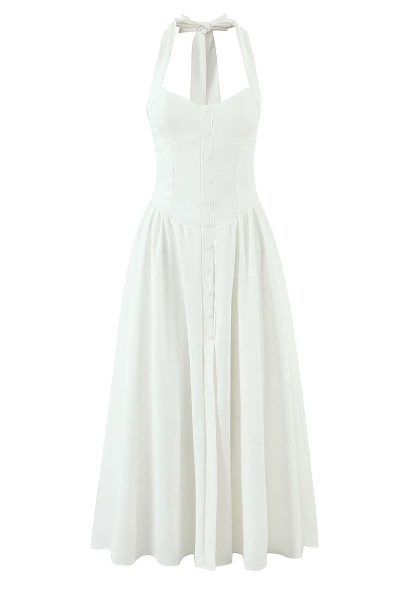 Halter Pink Midi Dress with Buttons