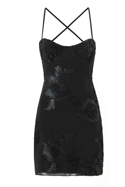 Black Floral Appliques Tight Short Dress