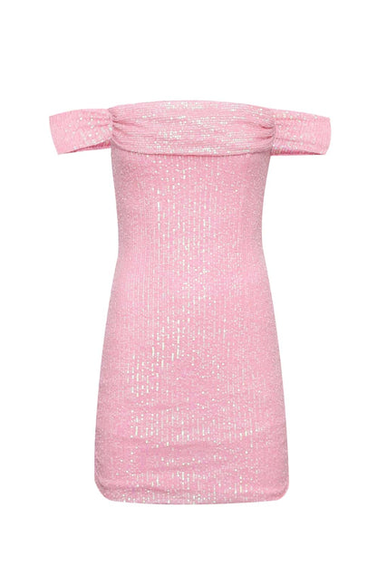 Off the Shoulder Pink Sequin Tight Short Dress