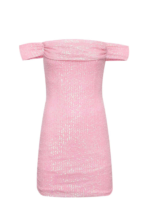Off the Shoulder Pink Sequin Tight Short Dress