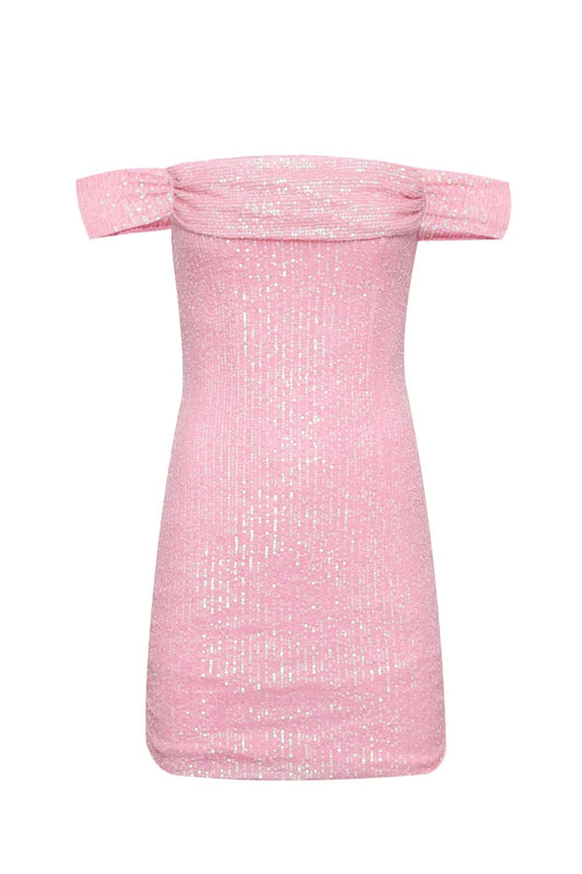 Off the Shoulder Pink Sequin Tight Short Dress