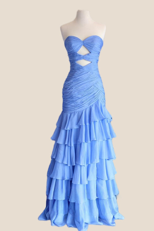 Periwinkle Chiffon Ruched Mermaid Ruffle Prom Dress