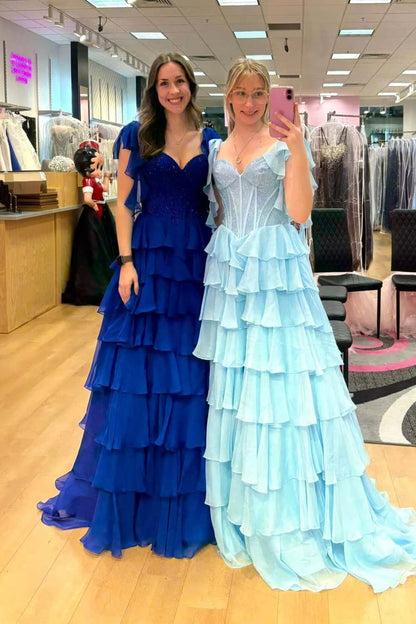 Beaded Light Blue Chiffon Ruffle Slit Prom Dress