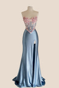3D Flowers Blue Satin Mermaid Prom Dress
