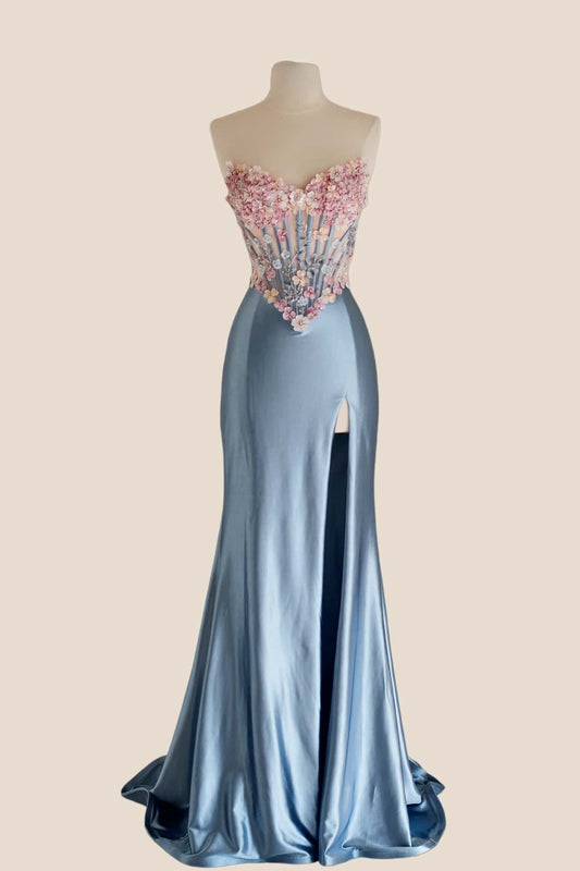 3D Flowers Blue Satin Mermaid Prom Dress