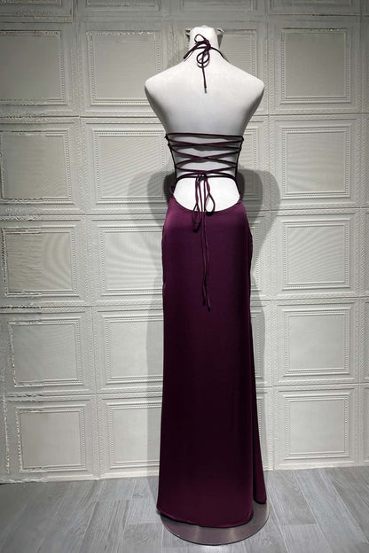 Halter Pink Satin Fitted Long Formal Dress