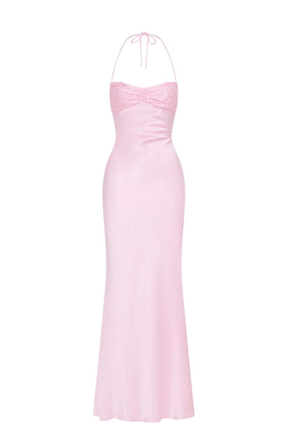 Halter Pink Satin Fitted Long Formal Dress