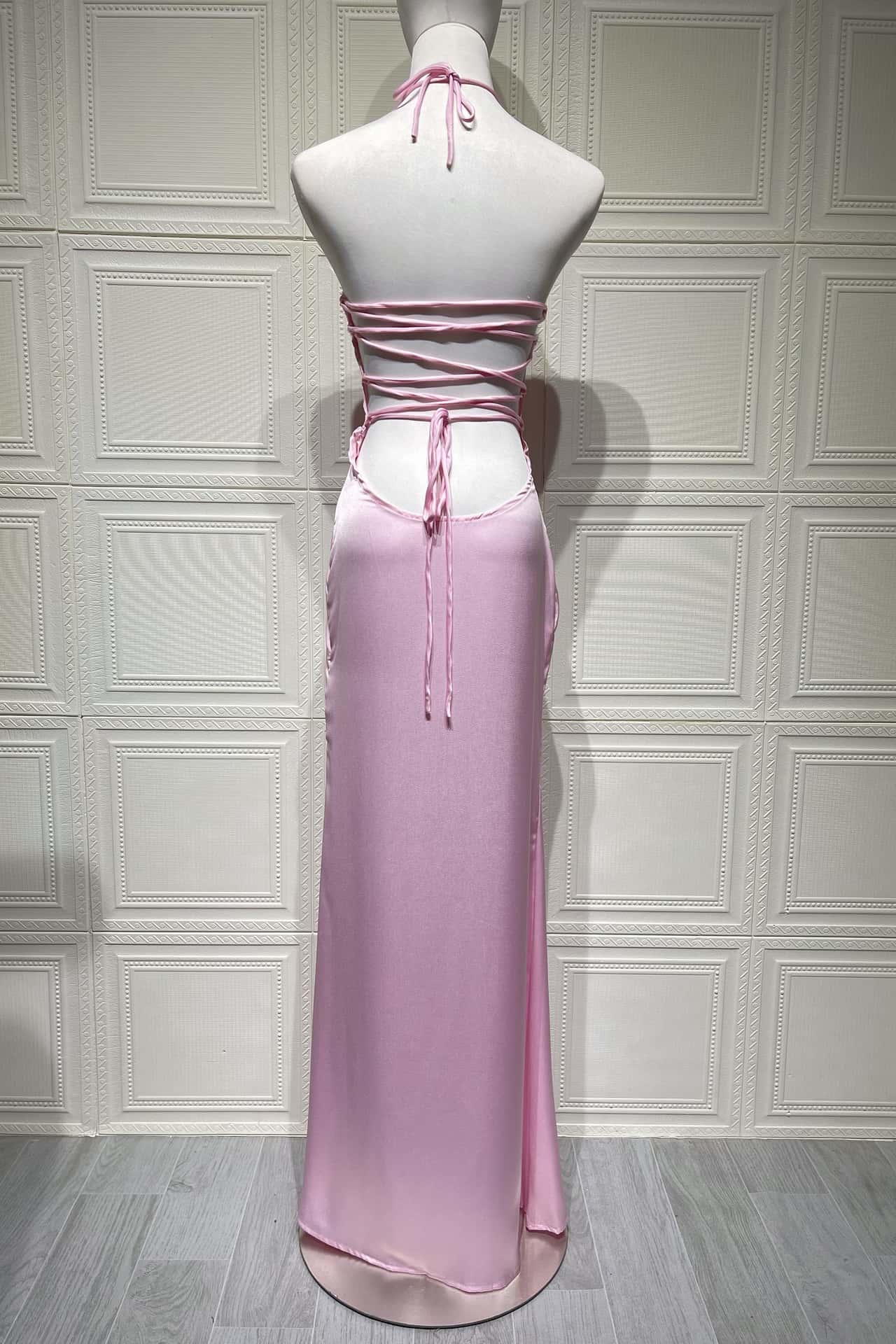 Halter Pink Satin Fitted Long Formal Dress
