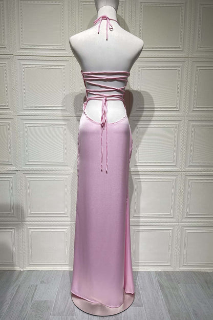 Halter Pink Satin Fitted Long Formal Dress