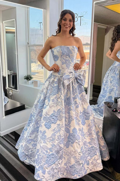 Blue Floral Strapless A-line Bow Prom Dress