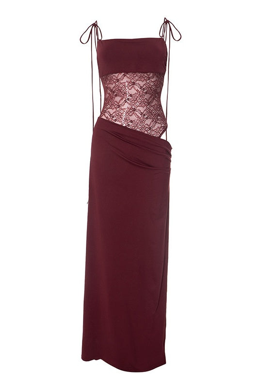 Brown Sheer Lace Spandex Long Dress