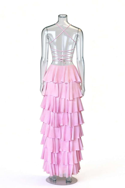 Blue Straps Ruched A-line Ruffle Maxi Dress