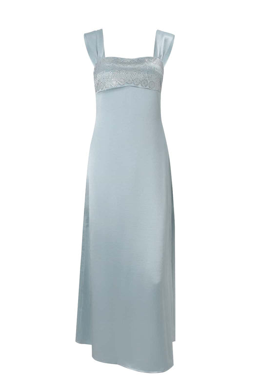 Cap Sleeves Beaded Blue Empire Satin Dress