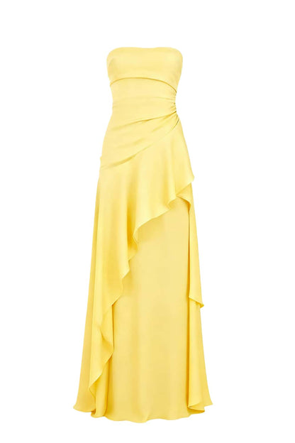 Lime Green Strapless Ruched Slit Dress