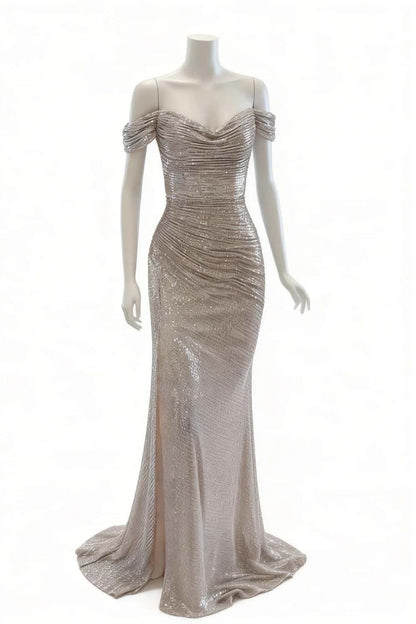 Off the Shoulder Burgundy Sequin Fitted Slit Dress