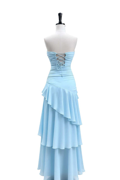 Keyhole Light Blue Chiffon Ruffle Maxi Dress