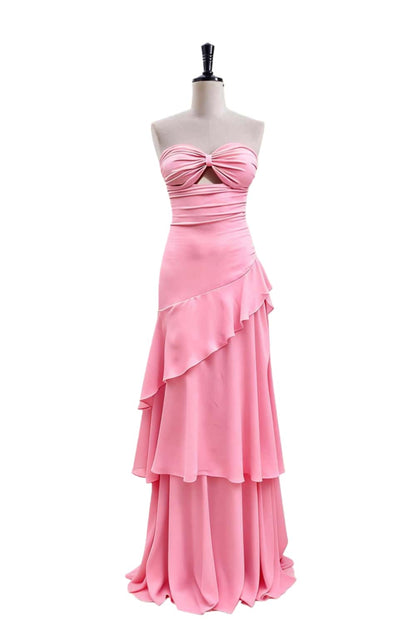 Keyhole Yellow Chiffon Ruffle Maxi Dress
