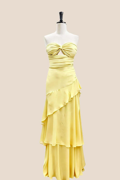 Keyhole Yellow Chiffon Ruffle Maxi Dress