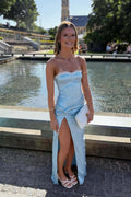 Blue Satin Strapless Fitted Slit Long Dress