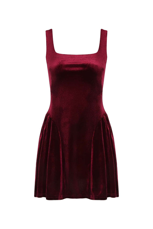 Burgundy Velvet Square Neck A-line Short Dress