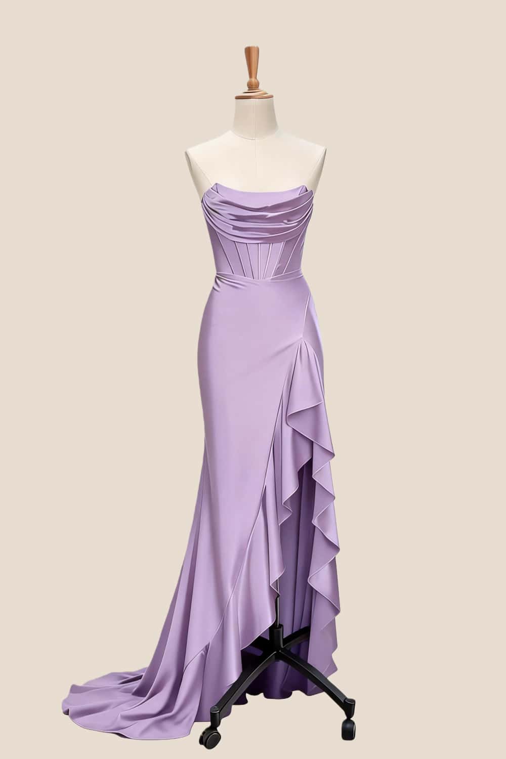 Light Blue Satin Cowl Neck Frill Slit Long Dress
