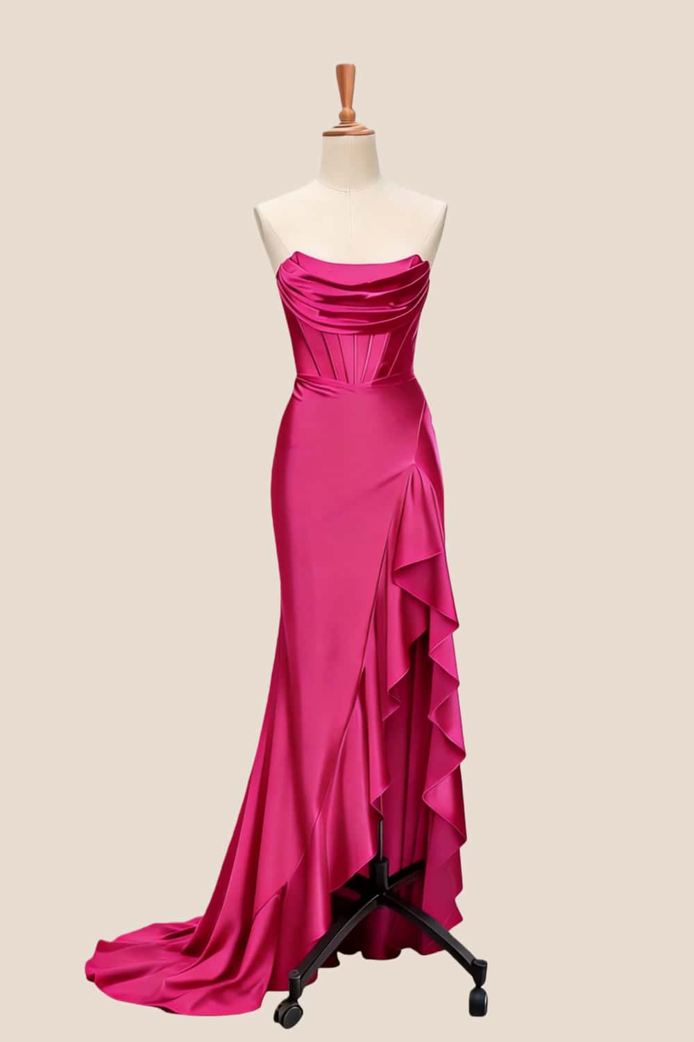 Light Blue Satin Cowl Neck Frill Slit Long Dress