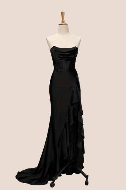 Light Blue Satin Cowl Neck Frill Slit Long Dress