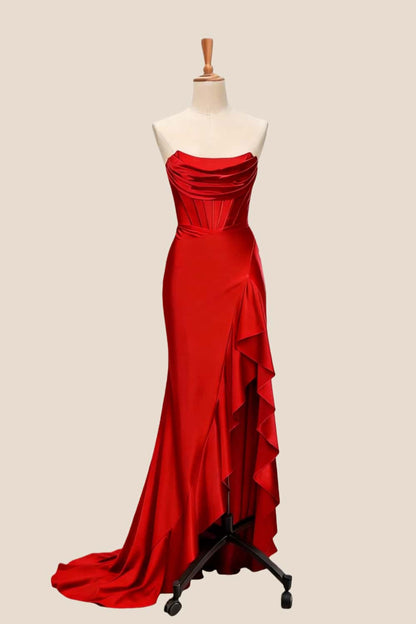 Light Blue Satin Cowl Neck Frill Slit Long Dress