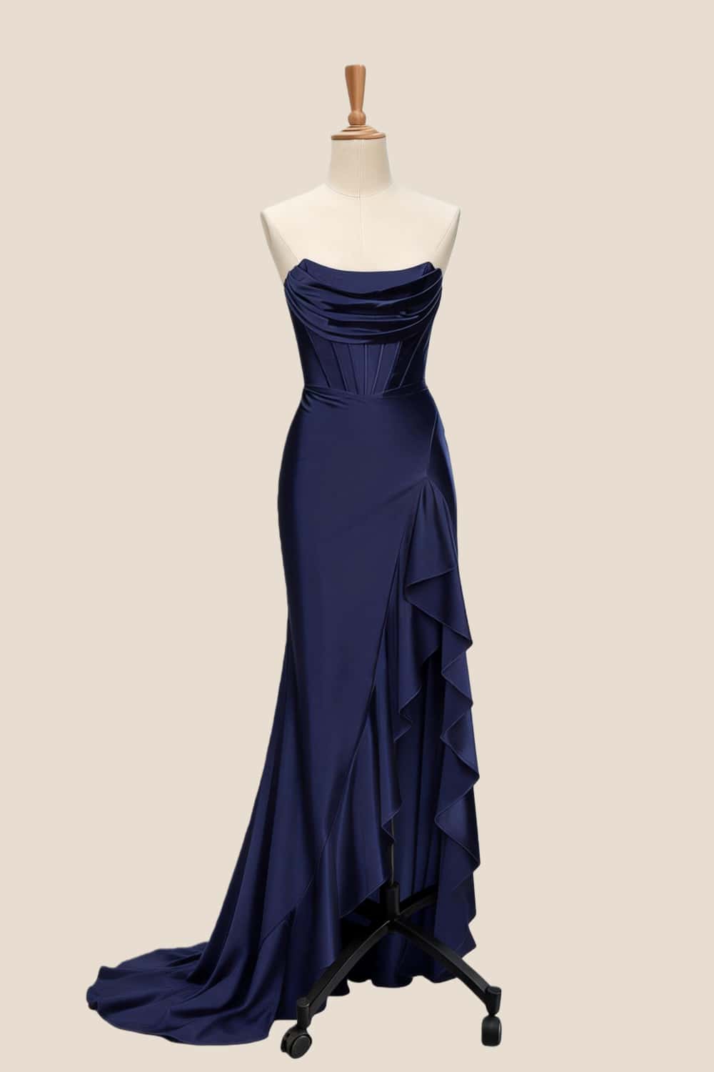 Light Blue Satin Cowl Neck Frill Slit Long Dress