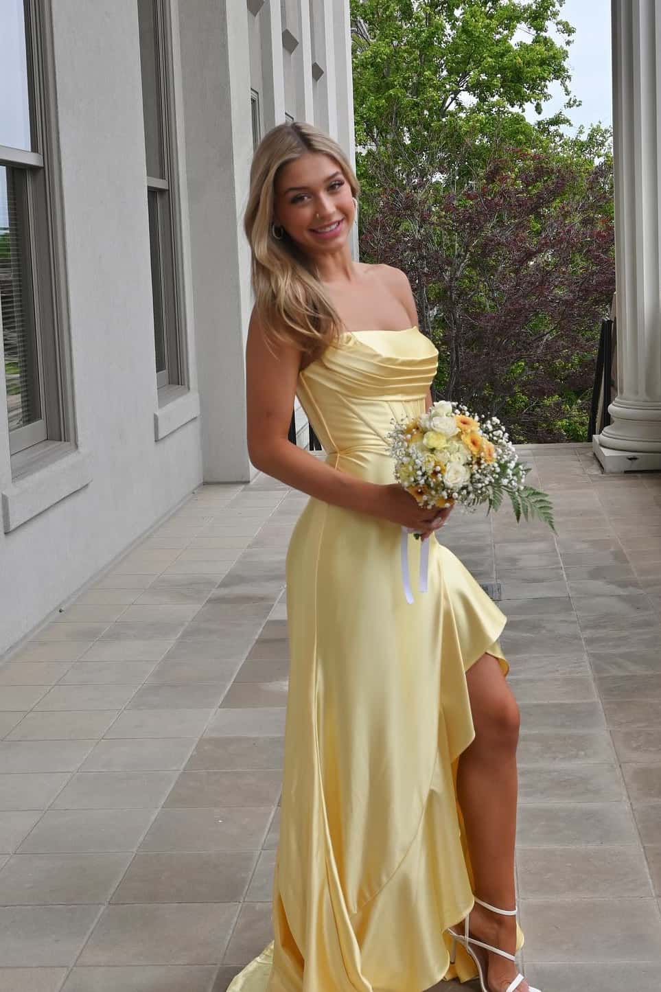Light Blue Satin Cowl Neck Frill Slit Long Dress