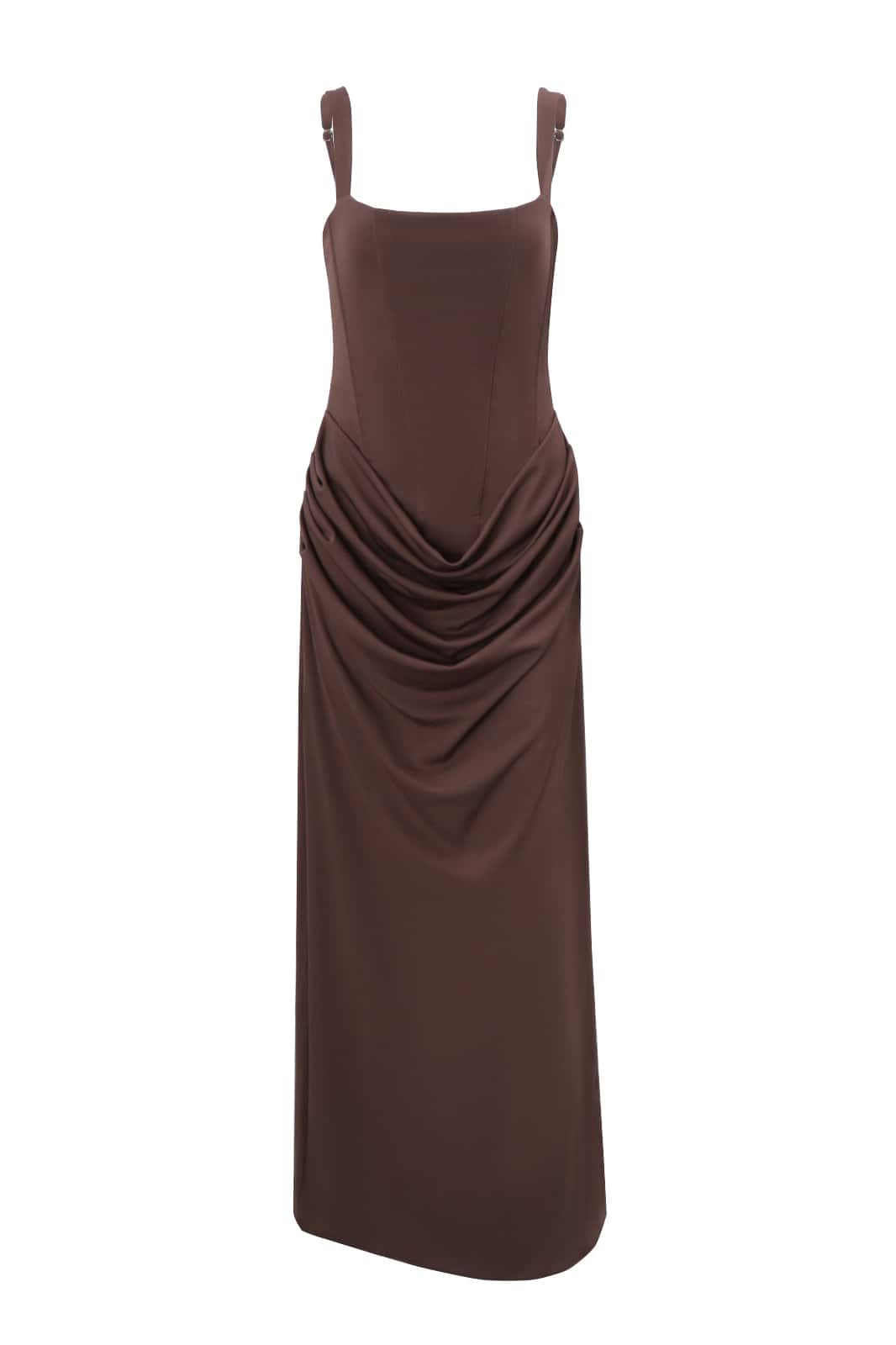 Brown Square Fitted Draped Long Dress