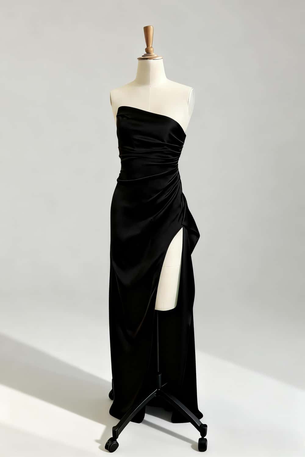 Asymmetric Strapless Light Blue Satin Slit Dress