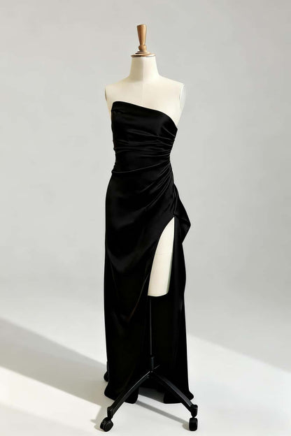 Asymmetric Strapless Light Blue Satin Slit Dress