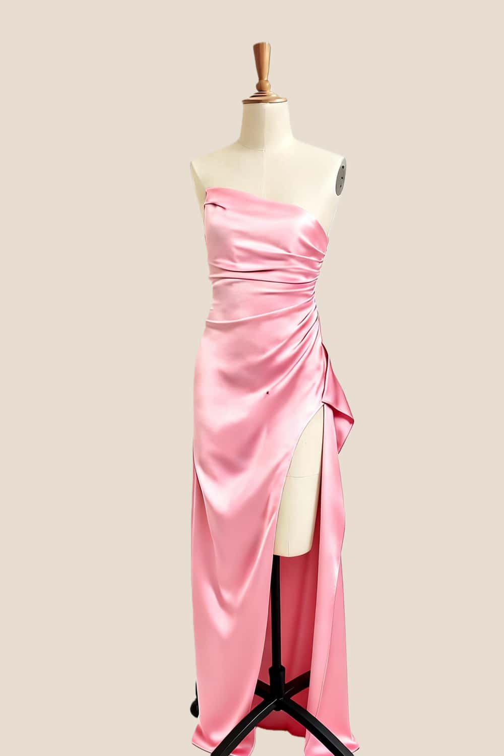 Asymmetric Strapless Light Blue Satin Slit Dress