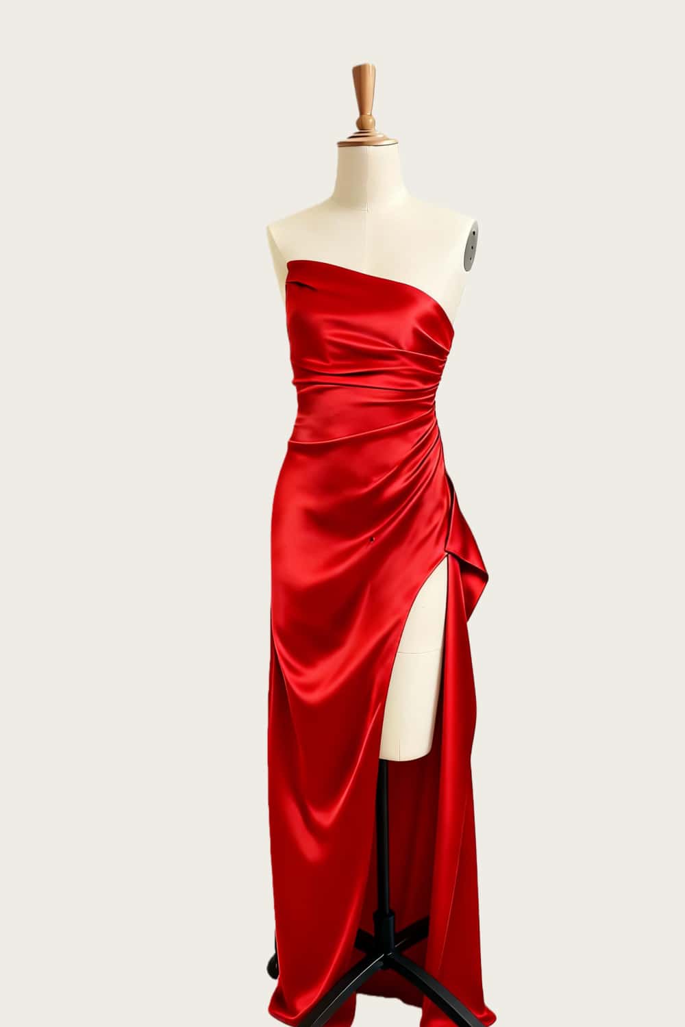 Asymmetric Strapless Light Blue Satin Slit Dress