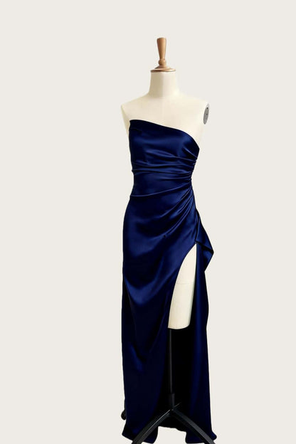Asymmetric Strapless Light Blue Satin Slit Dress