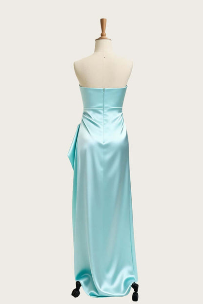Asymmetric Strapless Light Blue Satin Slit Dress