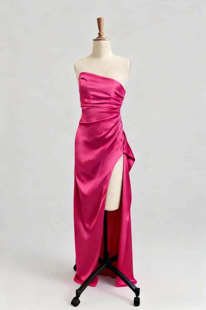 Asymmetric Strapless Light Blue Satin Slit Dress