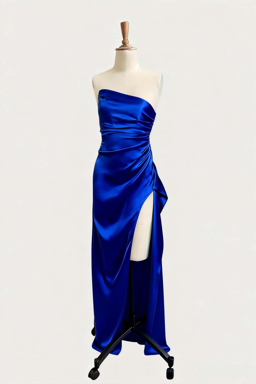 Asymmetric Strapless Light Blue Satin Slit Dress